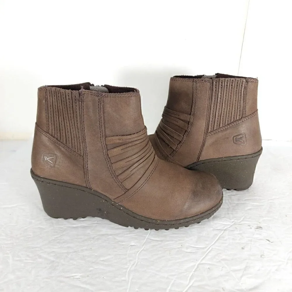 Keen Women's Zurich US 6 Brown Leather Side Zip Ankle Wedge Boots Booties
